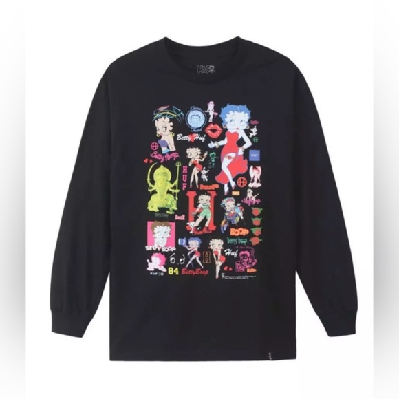 NWT HUF Betty Boop Collab Cartoon Black Long Sleeve Cotton Mens T-Shirt Size XL - Picture 4 of 8